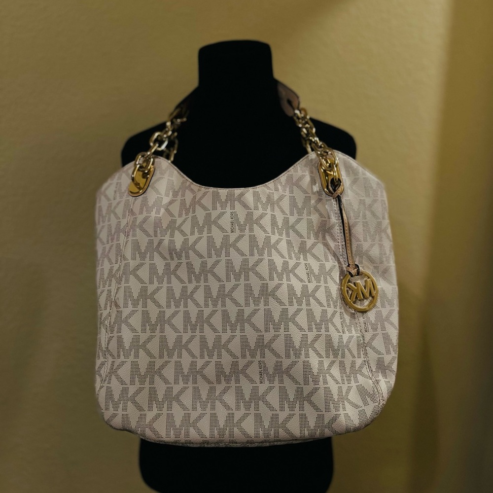 Michael Kors Vanilla White  Canvas / Leather Signature Monogram Tote